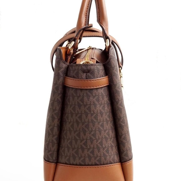 Michael Kors Reed Large Belted Satchel Bag Purse Brown MK Signature - Picture 7 of 8